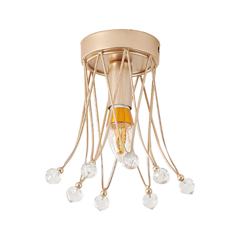 Minimalist Brass Crown Ceiling Light with Crystal Orbs - Semi Flush Mount