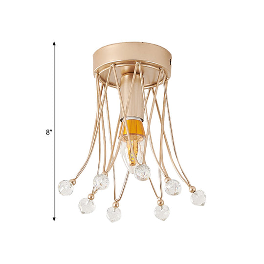 Minimalist Brass Crown Ceiling Light with Crystal Orbs - Semi Flush Mount