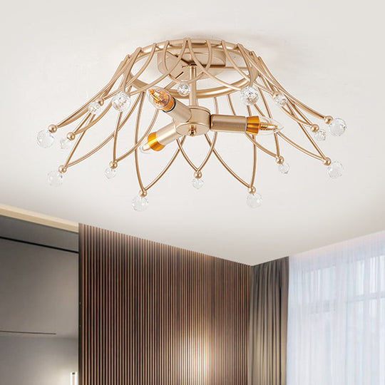 Minimalist Brass Crown Ceiling Light with Crystal Orbs - Semi Flush Mount