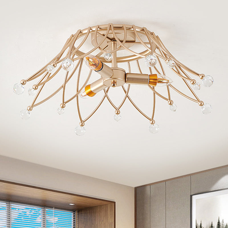 Minimalist Brass Crown Ceiling Light with Crystal Orbs - Semi Flush Mount