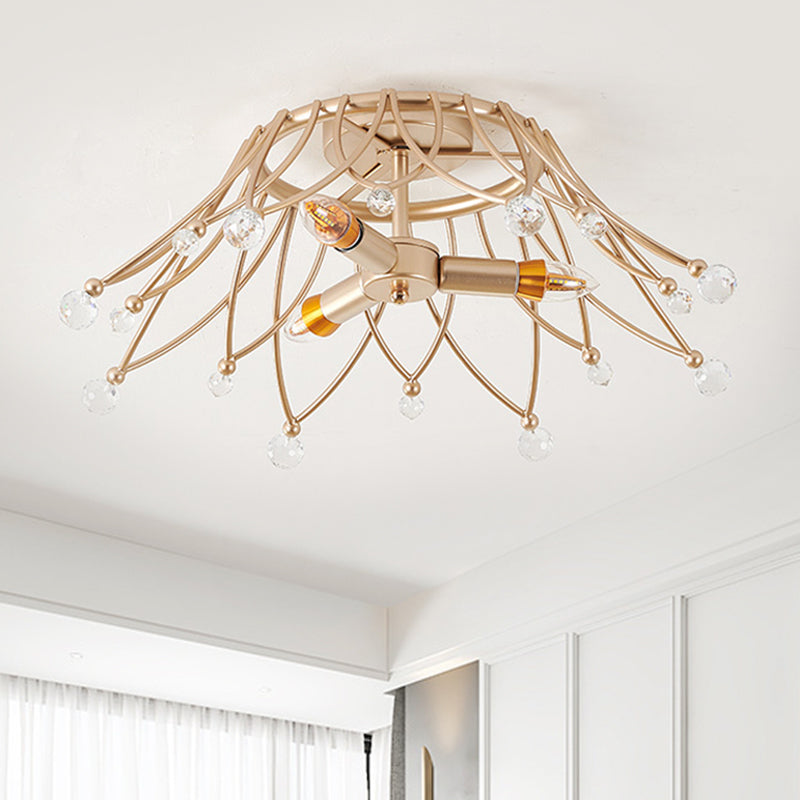 Minimalist Brass Crown Ceiling Light with Crystal Orbs - Semi Flush Mount