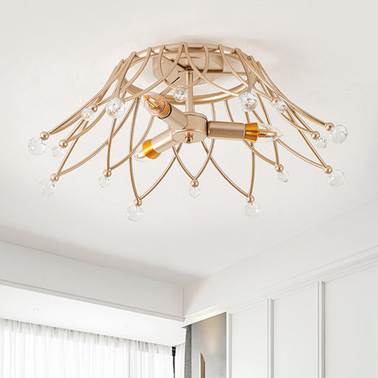 Minimalist Brass Crown Ceiling Light With Crystal Orbs - Semi Flush Mount