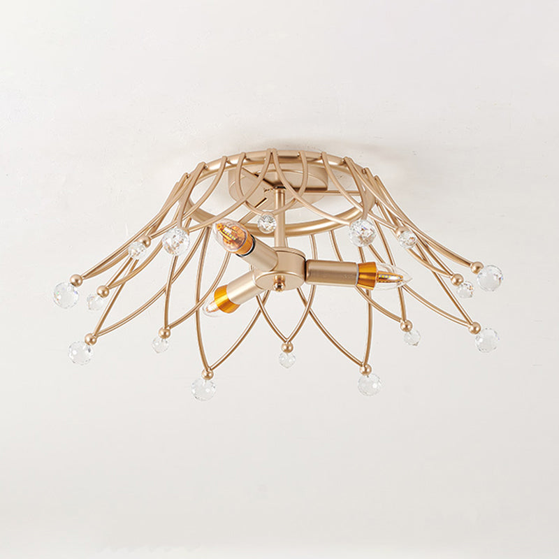 Minimalist Brass Crown Ceiling Light with Crystal Orbs - Semi Flush Mount