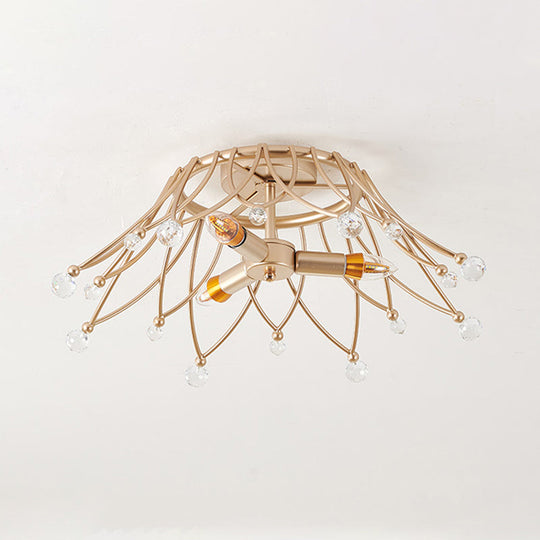 Minimalist Brass Crown Ceiling Light with Crystal Orbs - Semi Flush Mount