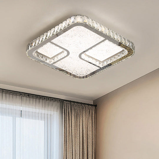 Modern LED Parlor Flushmount Ceiling Fixture with Square Crystal Shade - Chrome Finish in Warm/White Light