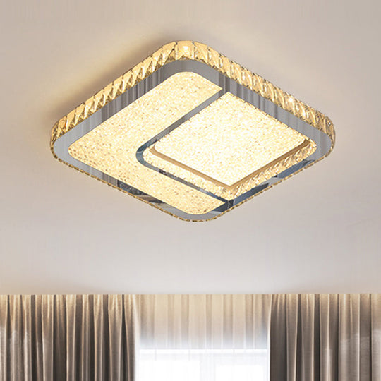 Modern LED Parlor Flushmount Ceiling Fixture with Square Crystal Shade - Chrome Finish in Warm/White Light