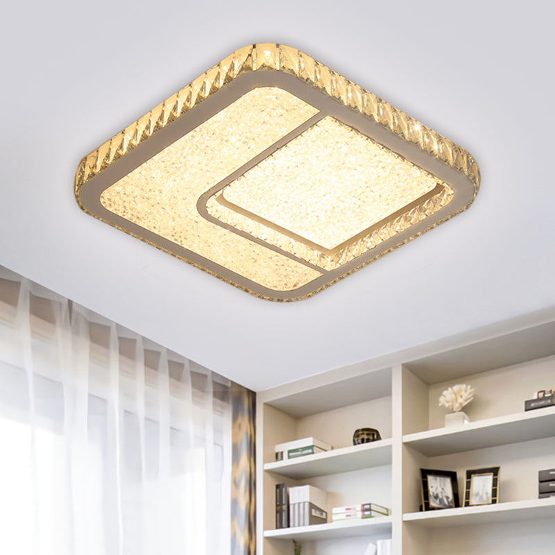 Modern LED Parlor Flushmount Ceiling Fixture with Square Crystal Shade - Chrome Finish in Warm/White Light