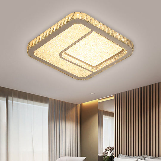 Modern LED Parlor Flushmount Ceiling Fixture with Square Crystal Shade - Chrome Finish in Warm/White Light