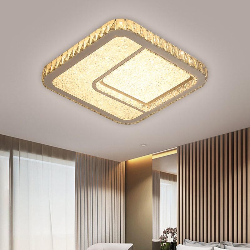 Modern Led Parlor Flushmount Ceiling Fixture With Square Crystal Shade - Chrome Finish In Warm/White