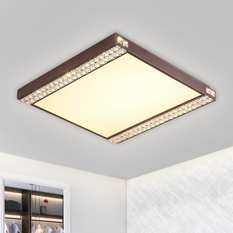 Contemporary LED Flushmount Light with Crystal Bead Deco, Gold/Coffee, Square Metal Ceiling Mount