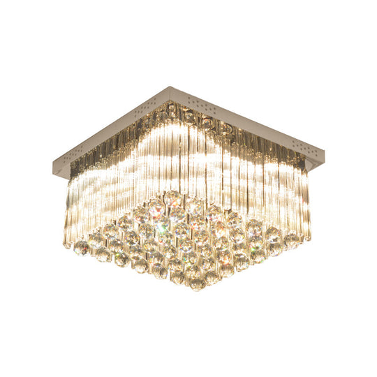 Square LED Close to Ceiling Lamp - Simplicity Crystal Rod and Ball - Chrome - Warm/White Light