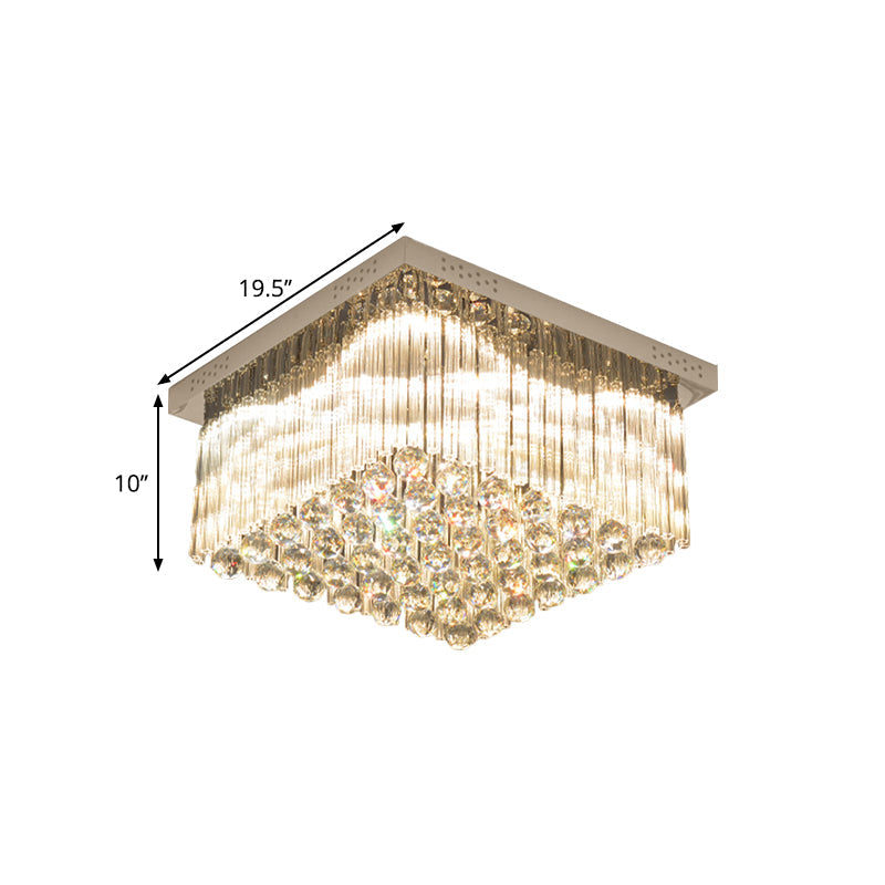 Square LED Close to Ceiling Lamp - Simplicity Crystal Rod and Ball - Chrome - Warm/White Light