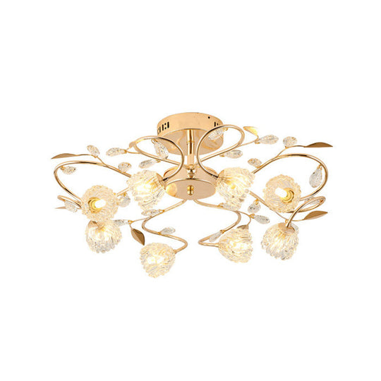 Gold Metal Leaf Design Semi Flush Mount Ceiling Light with Prismatic Crystal Flowers and 8 Bulbs - Contemporary Style