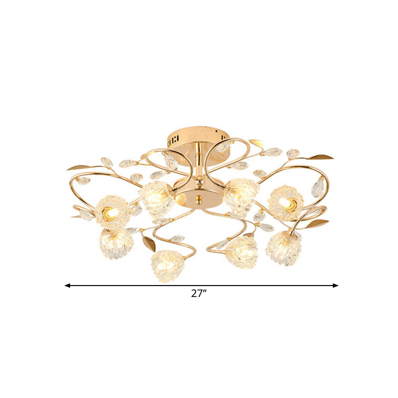 Gold Metal Leaf Design Semi Flush Mount Ceiling Light with Prismatic Crystal Flowers and 8 Bulbs - Contemporary Style