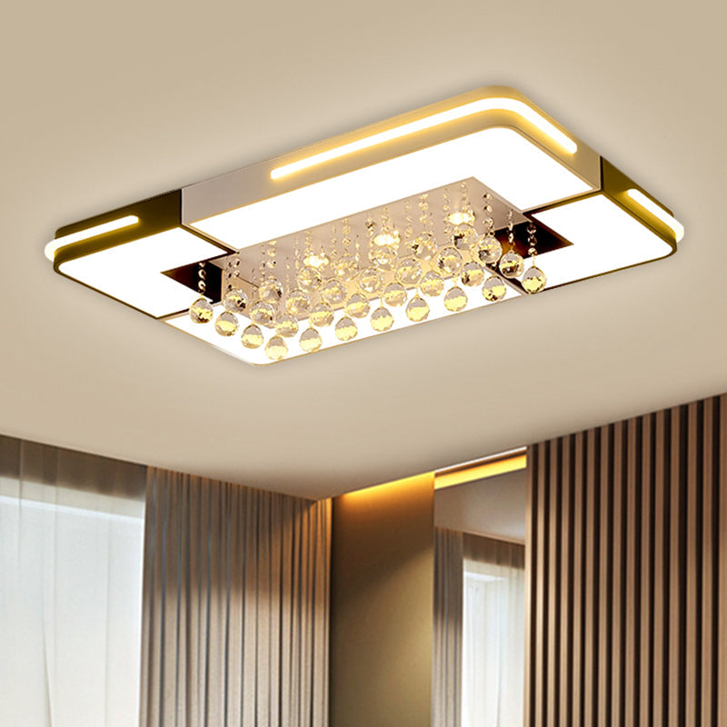 Modern Black & White Rectangle LED Ceiling Flushmount with Crystal Ball Deco in White Light