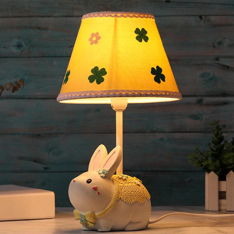 Yellow Conical Study Lamp: Cartoon Table Light With Clover Pattern & Rabbit Base