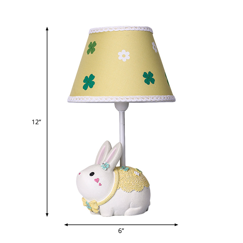 Yellow Conical Study Lamp: Cartoon Table Light With Clover Pattern & Rabbit Base