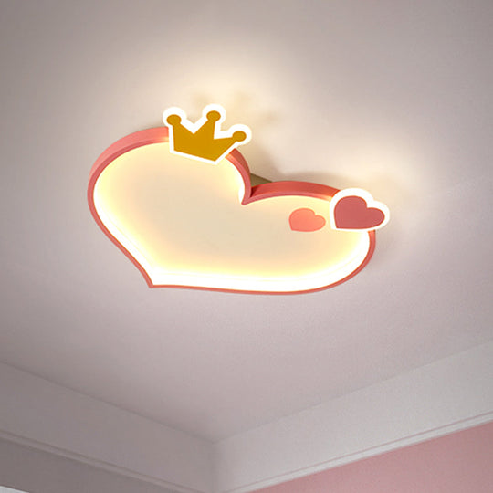 Pink Cartoon LED Flush Mount Ceiling Light with Crown Decor - Metallic Heart Design