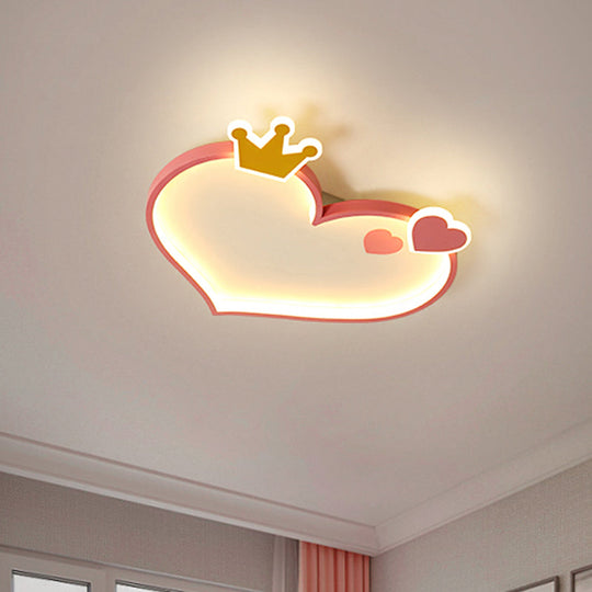 Pink Cartoon LED Flush Mount Ceiling Light with Crown Decor - Metallic Heart Design