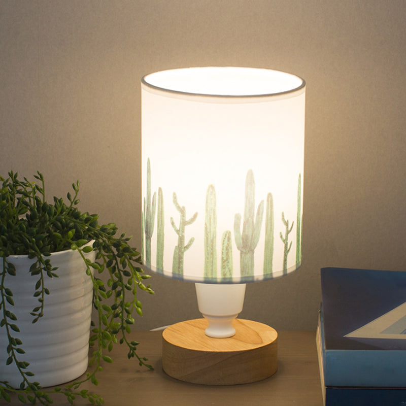 Modern Fabric Cylinder Desk Light: 1-Bulb Reading Lamp With Tree/Fish/Cactus Deco Wooden Base In