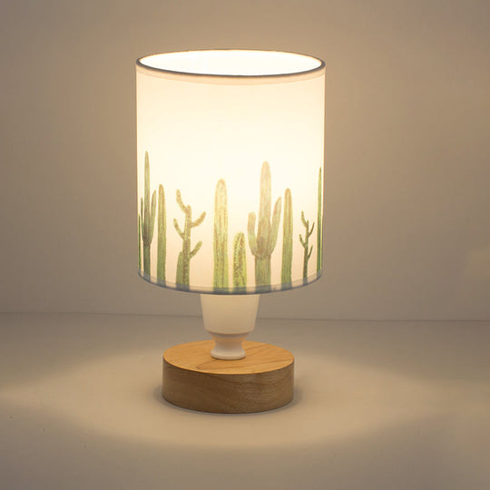 Modern Fabric Cylinder Desk Light: 1-Bulb Reading Lamp With Tree/Fish/Cactus Deco Wooden Base In