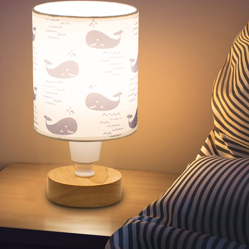 Modern Fabric Cylinder Desk Light: 1-Bulb Reading Lamp With Tree/Fish/Cactus Deco Wooden Base In