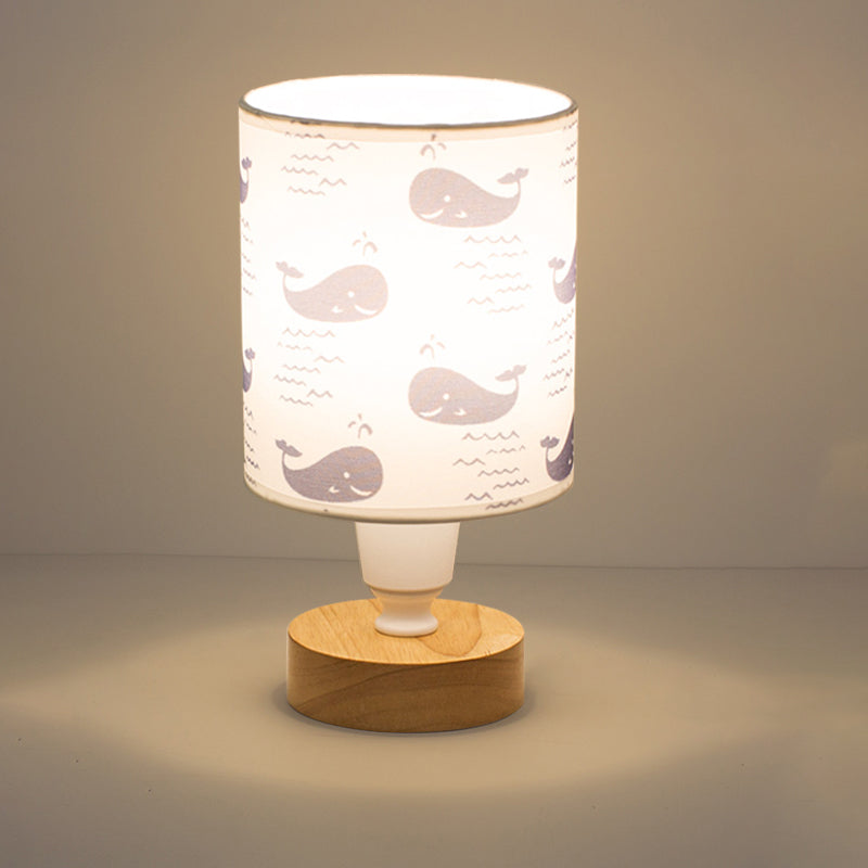 Modern Fabric Cylinder Desk Light: 1-Bulb Reading Lamp With Tree/Fish/Cactus Deco Wooden Base In