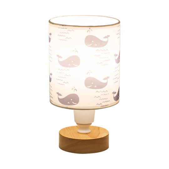 Modern Fabric Cylinder Desk Light: 1-Bulb Reading Lamp With Tree/Fish/Cactus Deco Wooden Base In