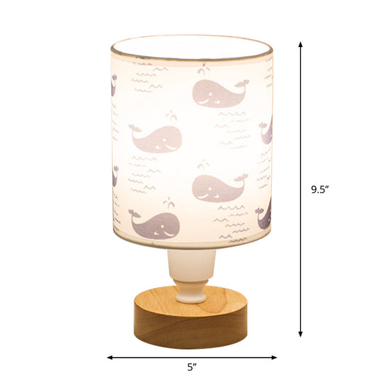 Modern Fabric Cylinder Desk Light: 1-Bulb Reading Lamp With Tree/Fish/Cactus Deco Wooden Base In