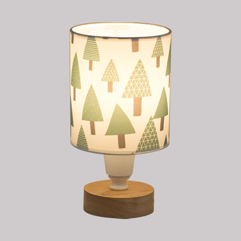 Modern Fabric Cylinder Desk Light: 1-Bulb Reading Lamp With Tree/Fish/Cactus Deco Wooden Base In