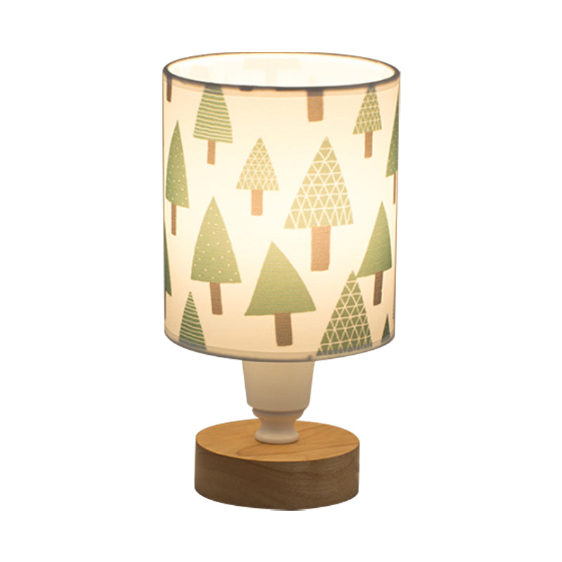 Modern Fabric Cylinder Desk Light: 1-Bulb Reading Lamp With Tree/Fish/Cactus Deco Wooden Base In