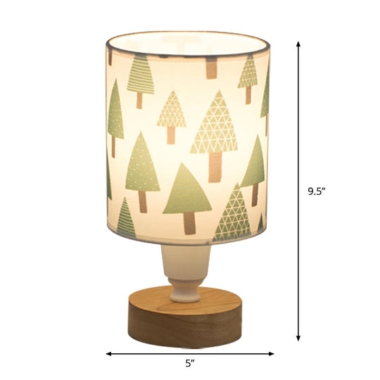 Modern Fabric Cylinder Desk Light: 1-Bulb Reading Lamp With Tree/Fish/Cactus Deco Wooden Base In