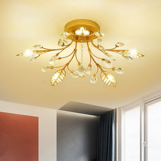 Modernist Gold Branch Ceiling Fixture with Faceted Crystal Semi Flush Mount Lighting - 5 or 8 Bulbs