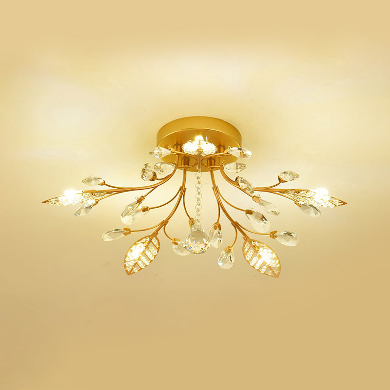 Modernist Gold Branch Ceiling Fixture with Faceted Crystal Semi Flush Mount Lighting - 5 or 8 Bulbs