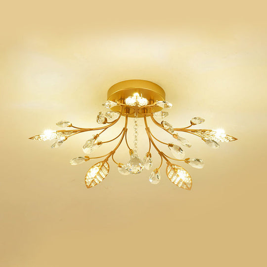 Modernist Gold Branch Ceiling Fixture With Faceted Crystal Semi Flush Mount Lighting - 5 Or 8 Bulbs