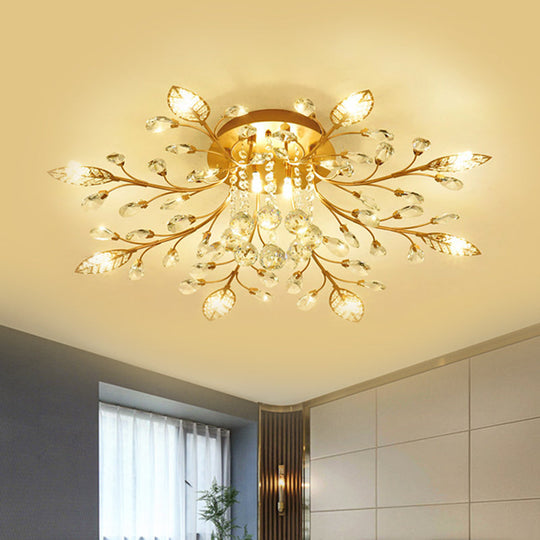 Modernist Gold Branch Ceiling Fixture with Faceted Crystal Semi Flush Mount Lighting - 5 or 8 Bulbs