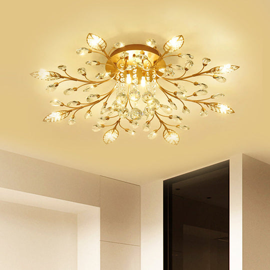 Modernist Gold Branch Ceiling Fixture with Faceted Crystal Semi Flush Mount Lighting - 5 or 8 Bulbs