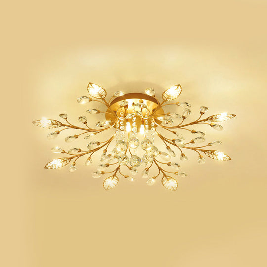 Modernist Gold Branch Ceiling Fixture with Faceted Crystal Semi Flush Mount Lighting - 5 or 8 Bulbs