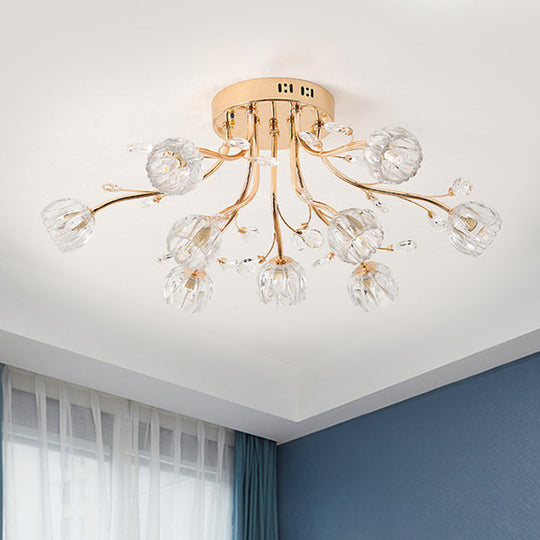 Gold Crystal 9-Light Sleeping Room Ceiling Fixture - Spray Semi Flush Mount for Simplicity and Elegance