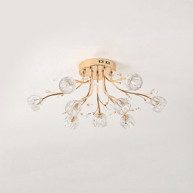 Gold Crystal 9-Light Sleeping Room Ceiling Fixture - Spray Semi Flush Mount for Simplicity and Elegance