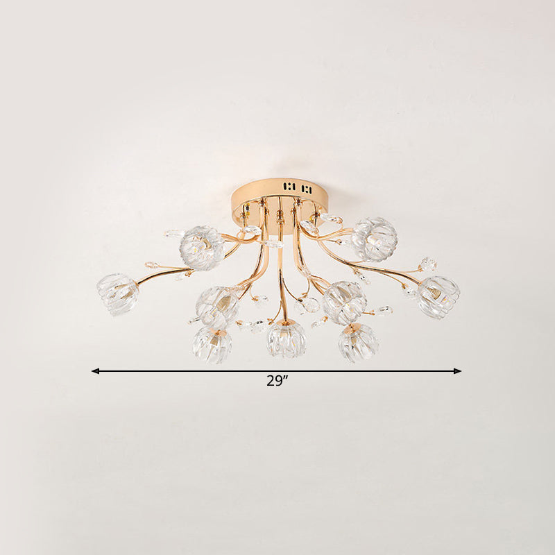 Gold Crystal 9-Light Sleeping Room Ceiling Fixture - Spray Semi Flush Mount for Simplicity and Elegance