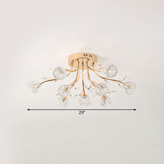 Gold Crystal 9-Light Sleeping Room Ceiling Fixture - Spray Semi Flush Mount For Simplicity And