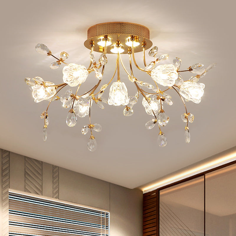 Modernist Crystal Semi Flush Mount Lighting: Blossom Great Room Ceiling Fixture In Gold 7 Heads