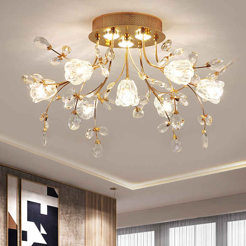 Modernist Crystal Semi Flush Mount Lighting: Blossom Great Room Ceiling Fixture In Gold 7 Heads