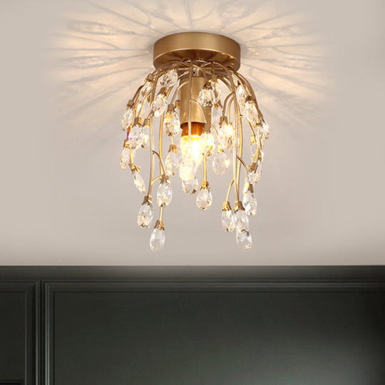 Modern Corolla Crystal Close to Ceiling Lamp - 1 Light Semi Flush Mount Brass Lighting for Corridors