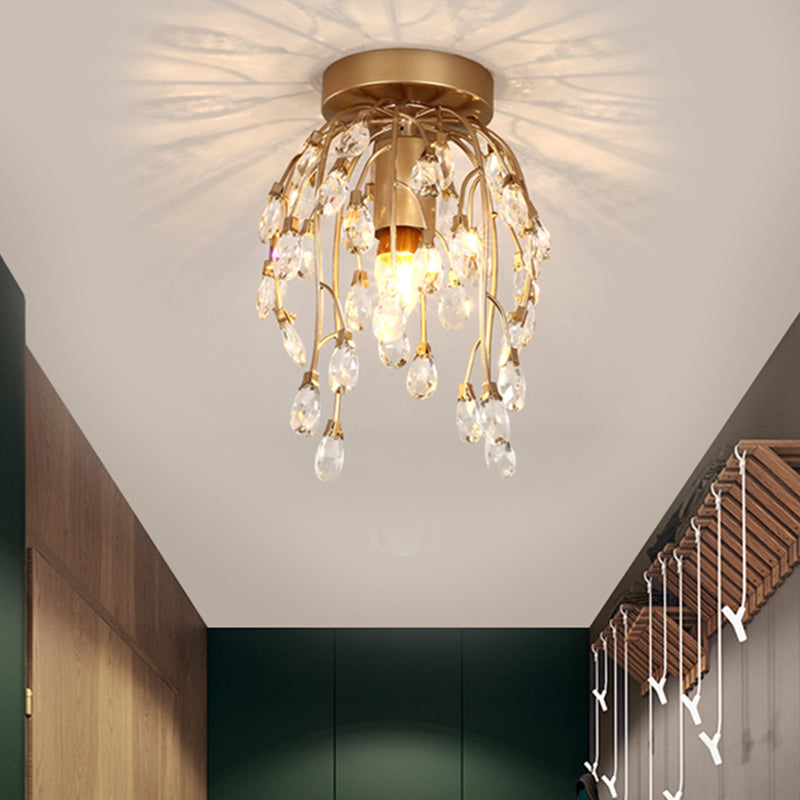 Modern Corolla Crystal Close to Ceiling Lamp - 1 Light Semi Flush Mount Brass Lighting for Corridors