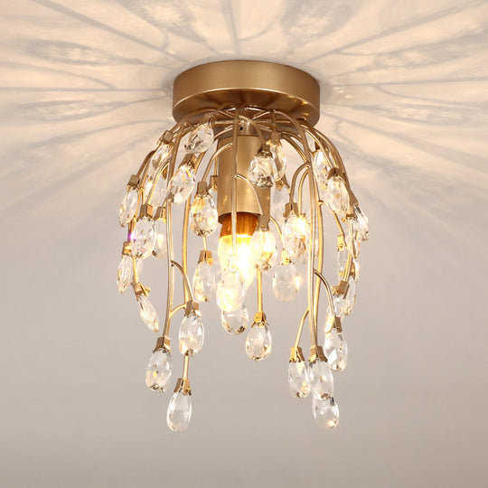 Modern Corolla Crystal Close to Ceiling Lamp - 1 Light Semi Flush Mount Brass Lighting for Corridors