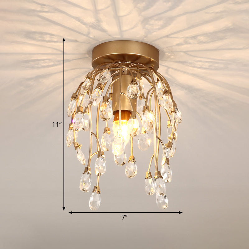 Modern Corolla Crystal Close to Ceiling Lamp - 1 Light Semi Flush Mount Brass Lighting for Corridors