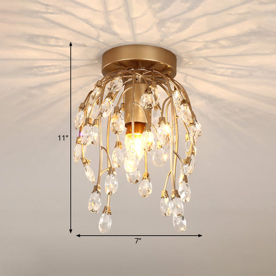 Modern Corolla Crystal Close to Ceiling Lamp - 1 Light Semi Flush Mount Brass Lighting for Corridors