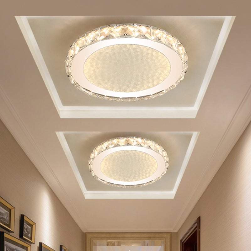 Crystal Block Led Circle Flush Mount Lamp: Sleek Chrome Design Warm/White Corridor Ceiling Lighting